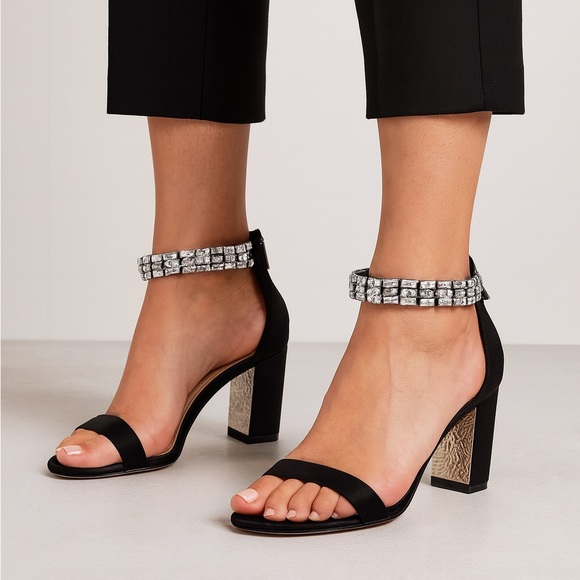 Jewel Badgley Mischka Katerina Black Heels Rhinestone Strap Sz 6 Elegant - Picture 1 of 14